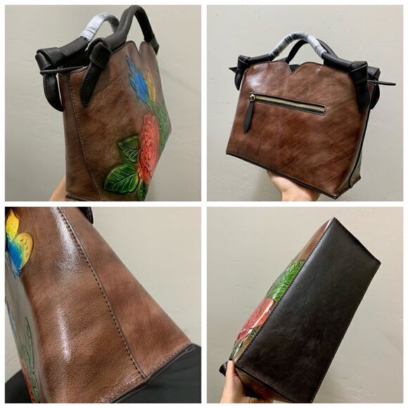 Genuine Distressed Leather Relief Floral & Butterfly Embossed Satchel/Crossbody - Picture 16 of 16